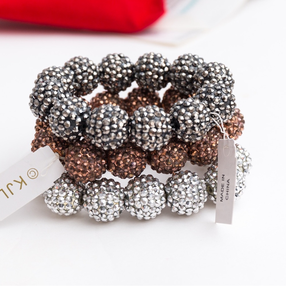 Kenneth Jay Lane set of 3 sparkling beaded stretch bracelets metallics dressy